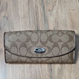 Coach Tan Signature Wallet With Red Insert Zippered Addition